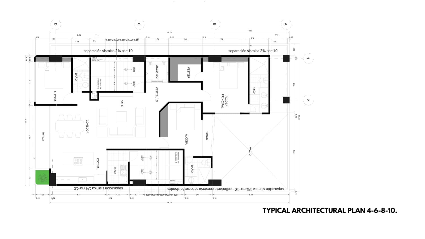 Plano arquitectónico típico — pisos 4, 6, 8 y 10